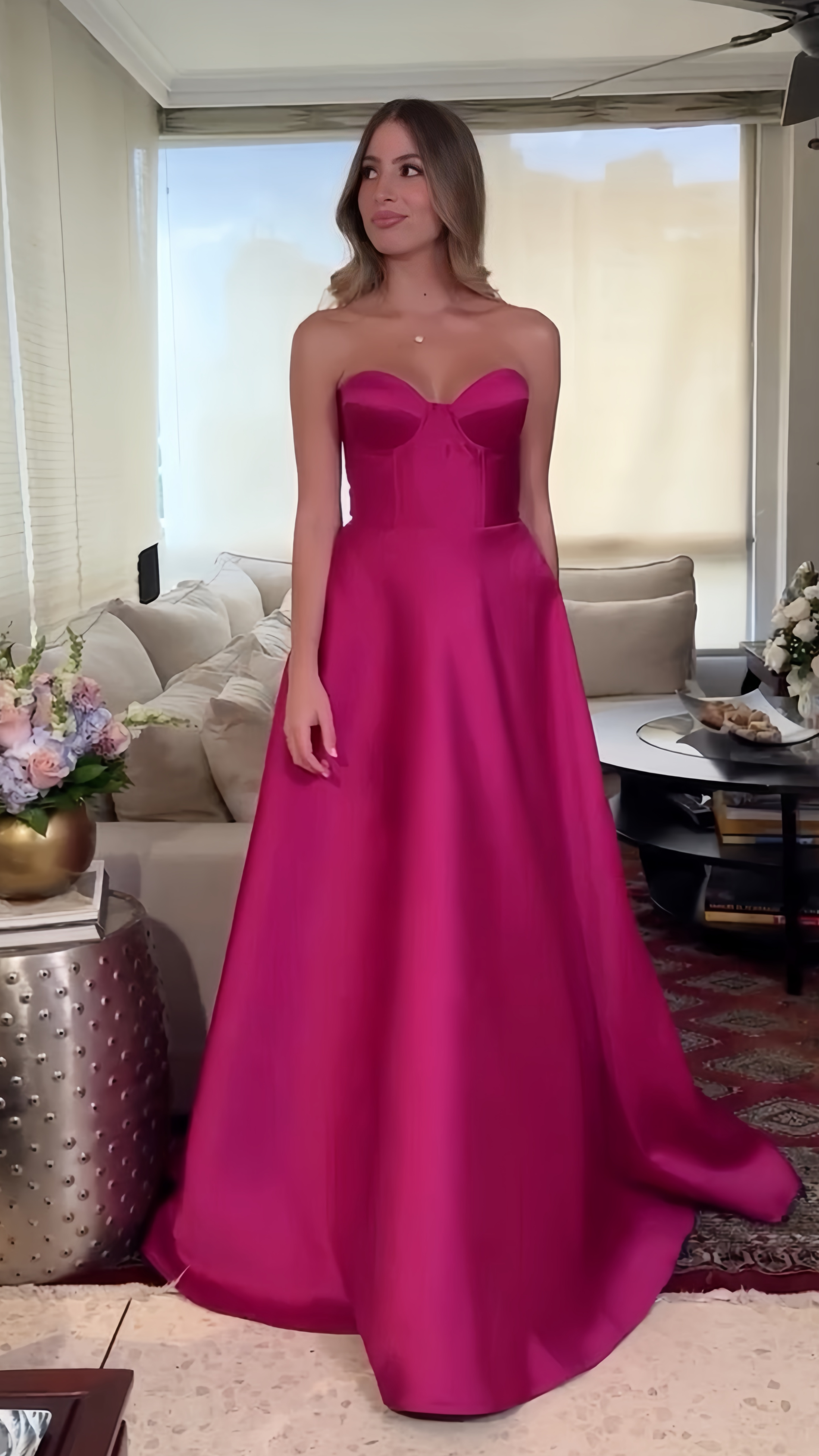 Fuchsia Sweetheart A-Line Satin Long Prom Dress,AST1701