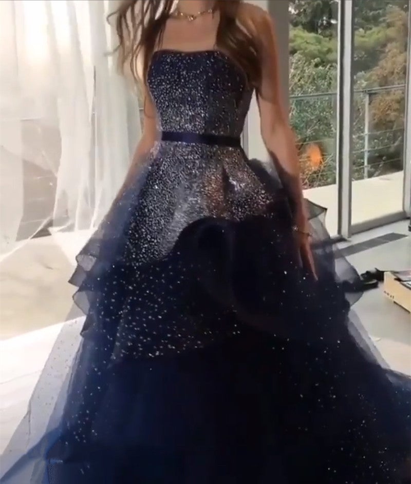 Fully Beading Strapless Navy Blue Ball Gown Prom Dresses