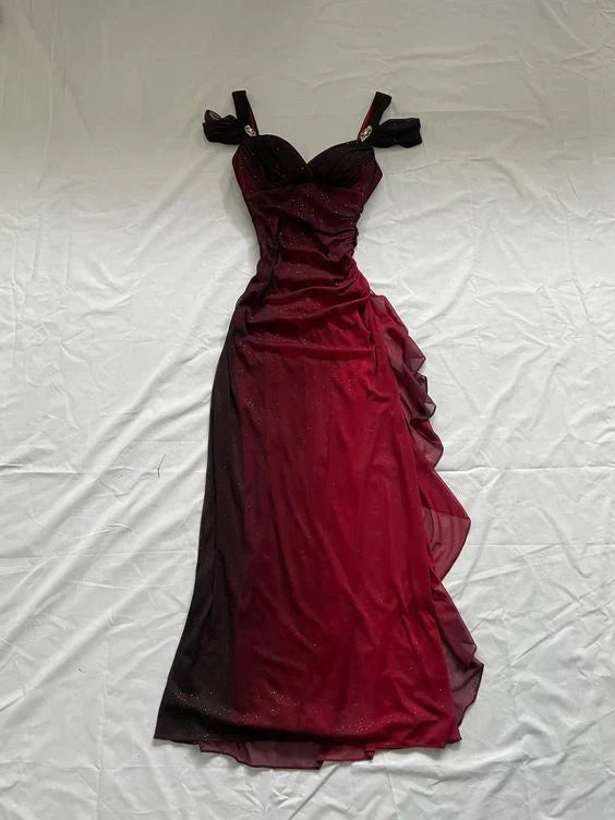 Burgundy Shiny Ruffles Prom Dresses Party Dress Woman Elegant Luxury Long
