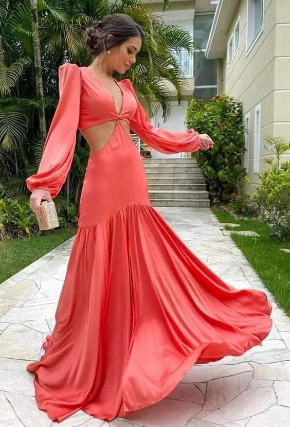 Coral Long Sleeves V Neck Long Party Dress Evening Dress Charming Formal Dress Wholesale