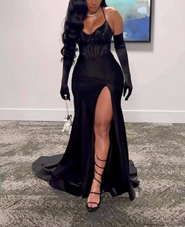 Aimishang Black Sexy Evening Party Dress Long Prom Dress Charming Formal Dress With Slit No With Gloves