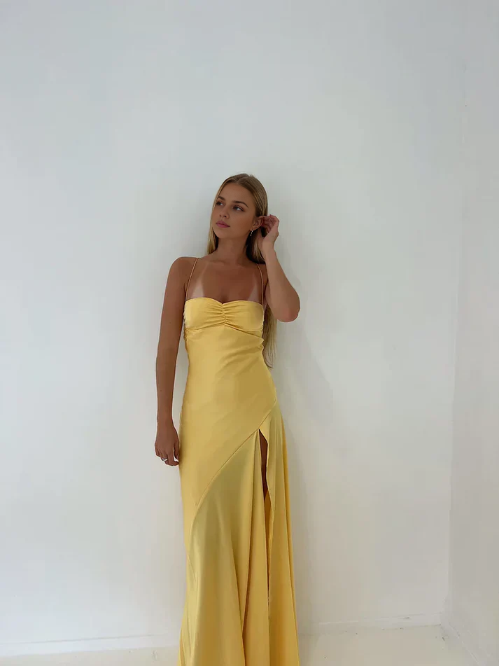 Aimishang Elegant Dresses Gowns Evening Dresses Spaghetti Straps Yellow Long Sheath Prom Dress With Slit Party Dress