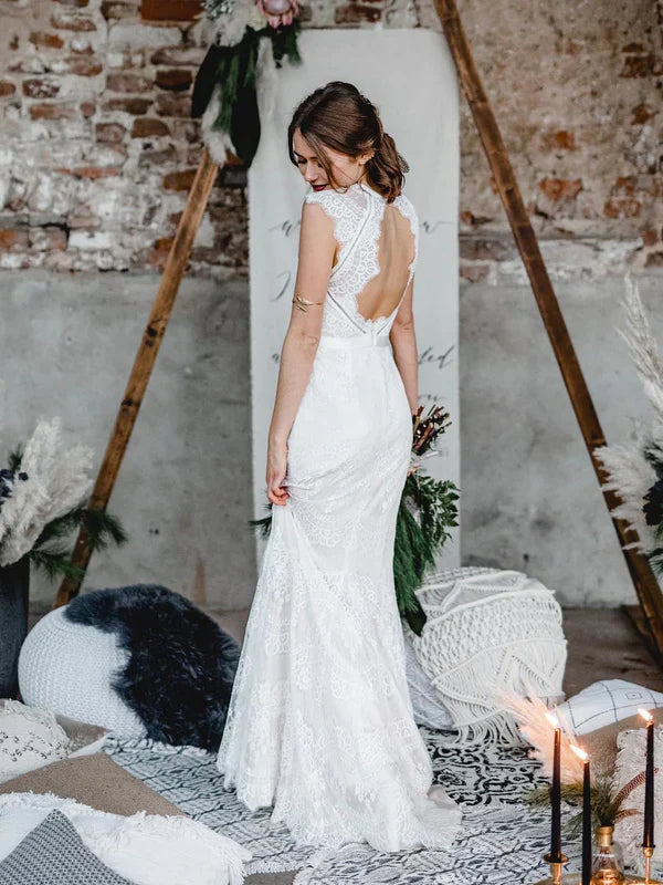 Fabulous Mermaid Lace Backless Sweep Train Wedding Dresses With Cap Sleeves Gown Elegant