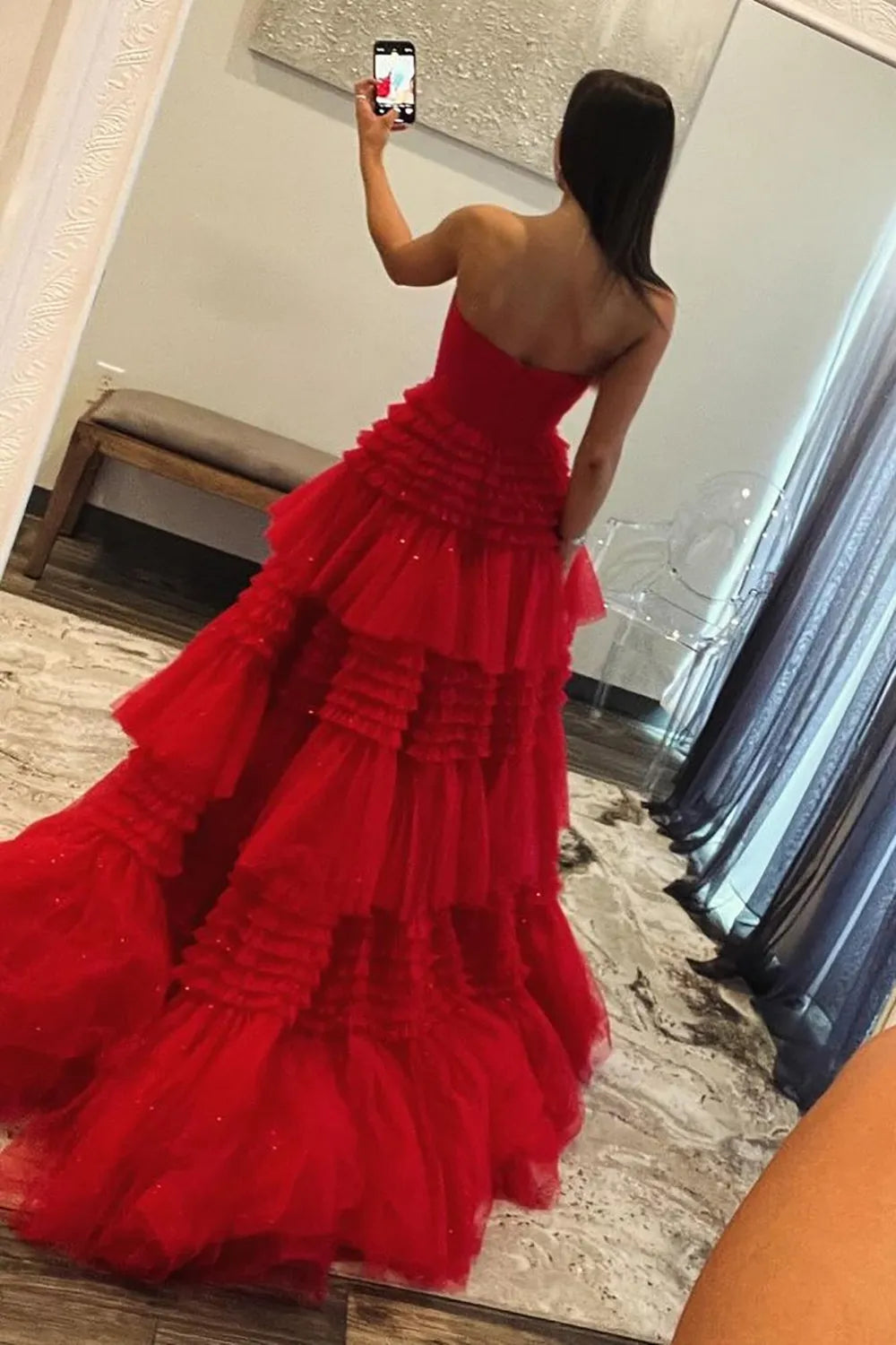 Aimishang Long Prom Dress Glitter A-Line Strapless Tulle With High Slit