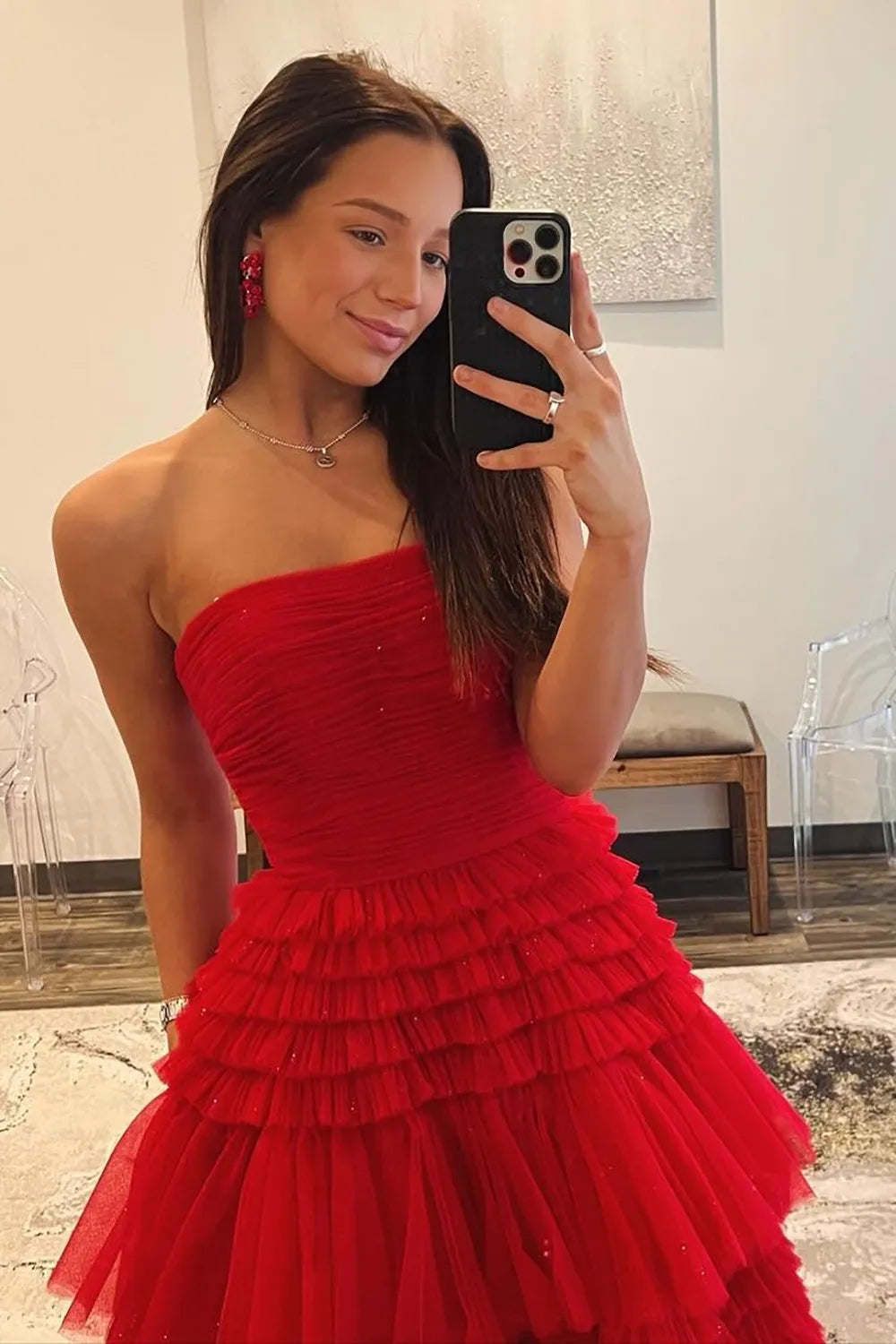 Aimishang Long Prom Dress Glitter A-Line Strapless Tulle With High Slit