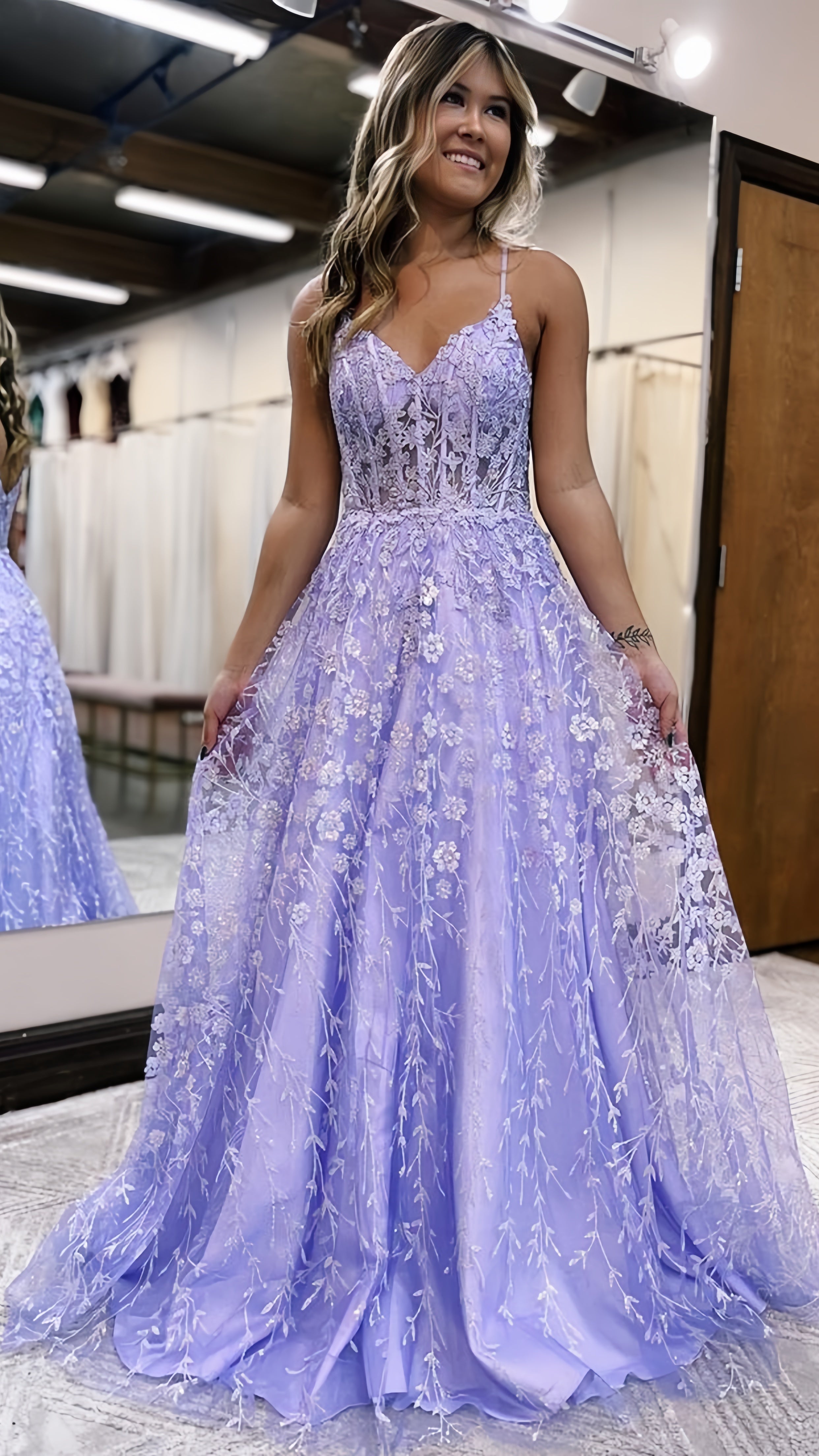 Glitter Sequin Lace Prom Dress, A-Line Evening Party Gown, AST1589