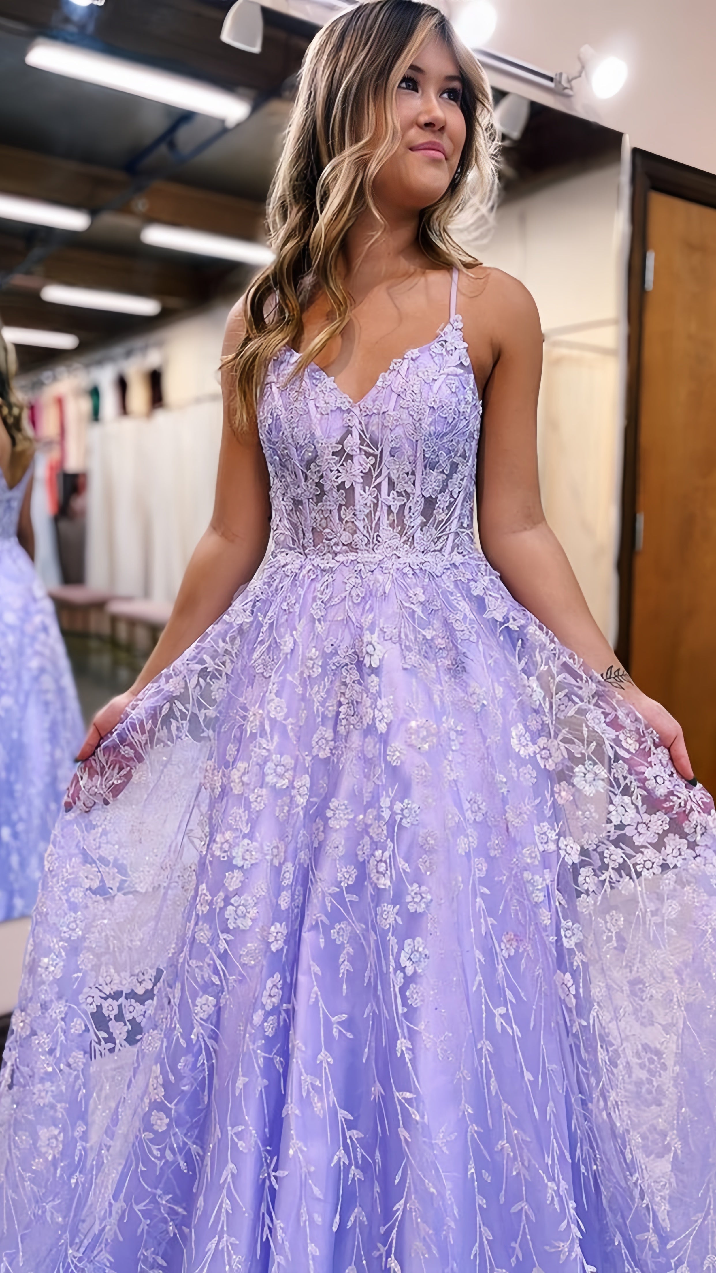 Glitter Sequin Lace Prom Dress, A-Line Evening Party Gown, AST1589