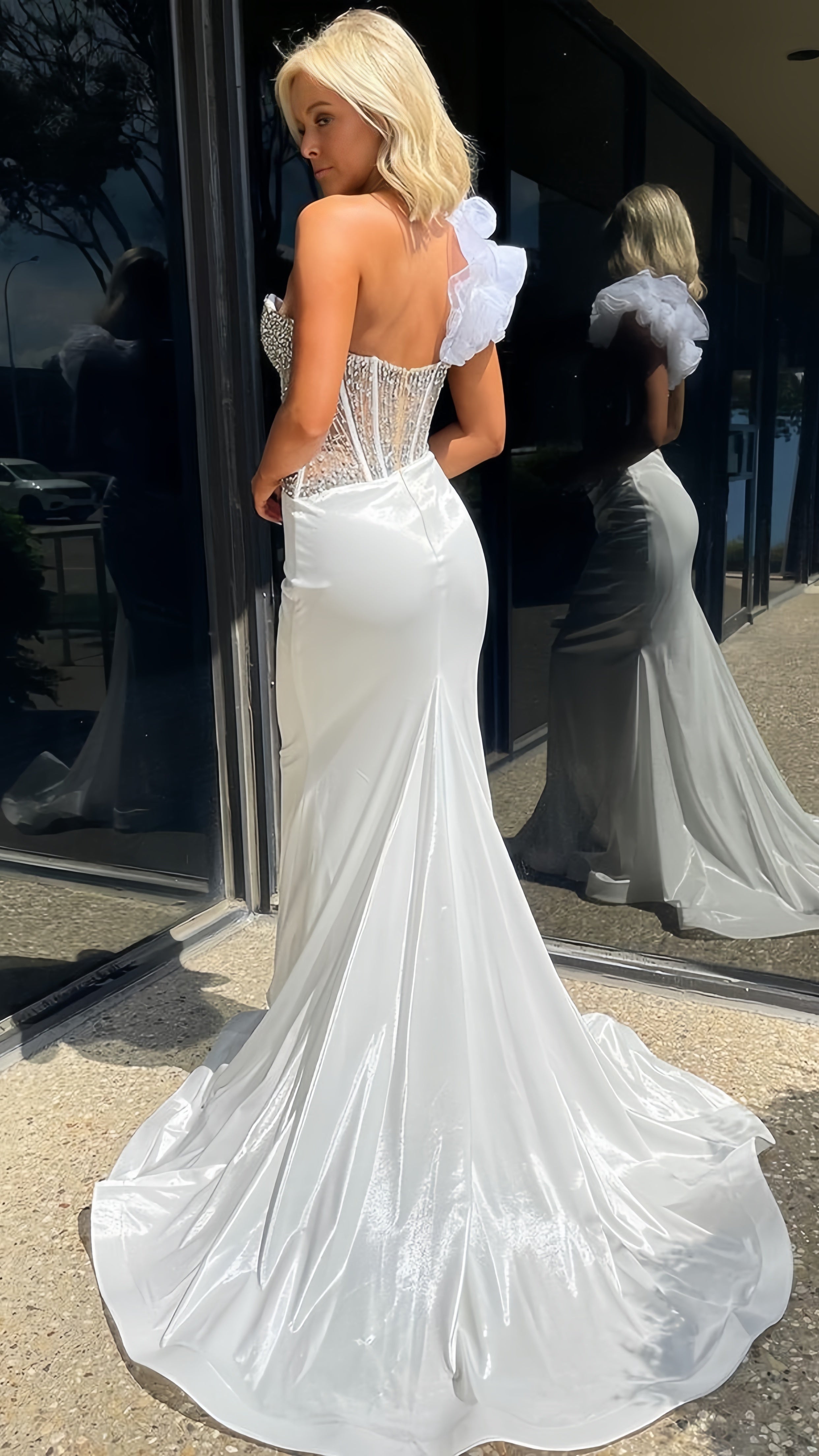 Glitter White Mermaid Beaded Prom Dress, Long Evening Formal Gown, AST1592