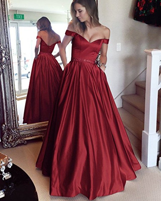 Gold Satin V Neck Long Prom Dresses Ball Gowns Off The Shoulder