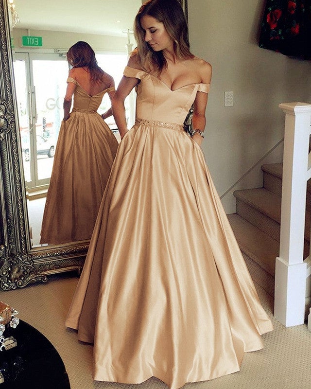 Gold Satin V Neck Long Prom Dresses Ball Gowns Off The Shoulder
