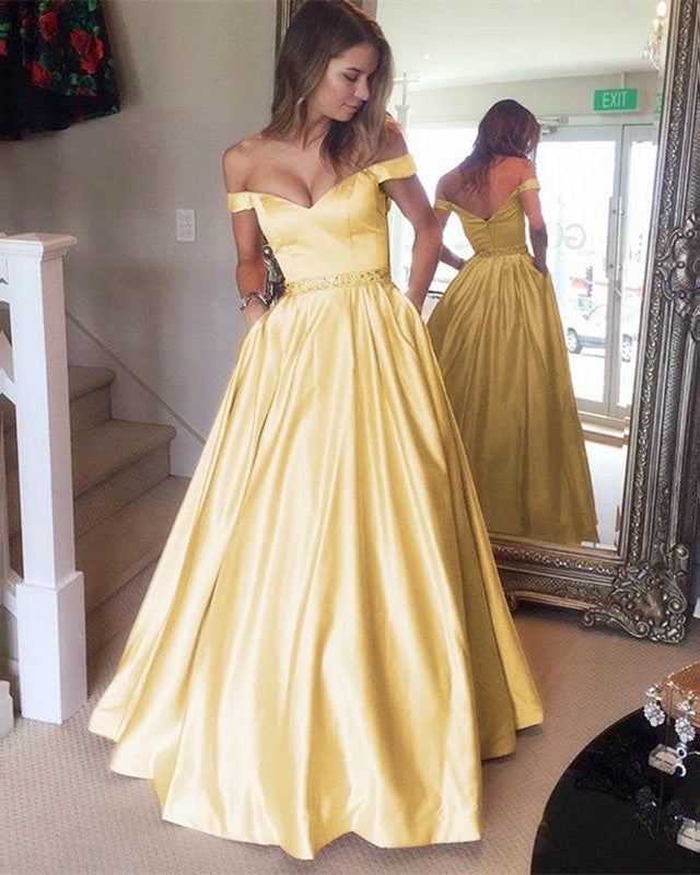 Gold Satin V Neck Long Prom Dresses Ball Gowns Off The Shoulder