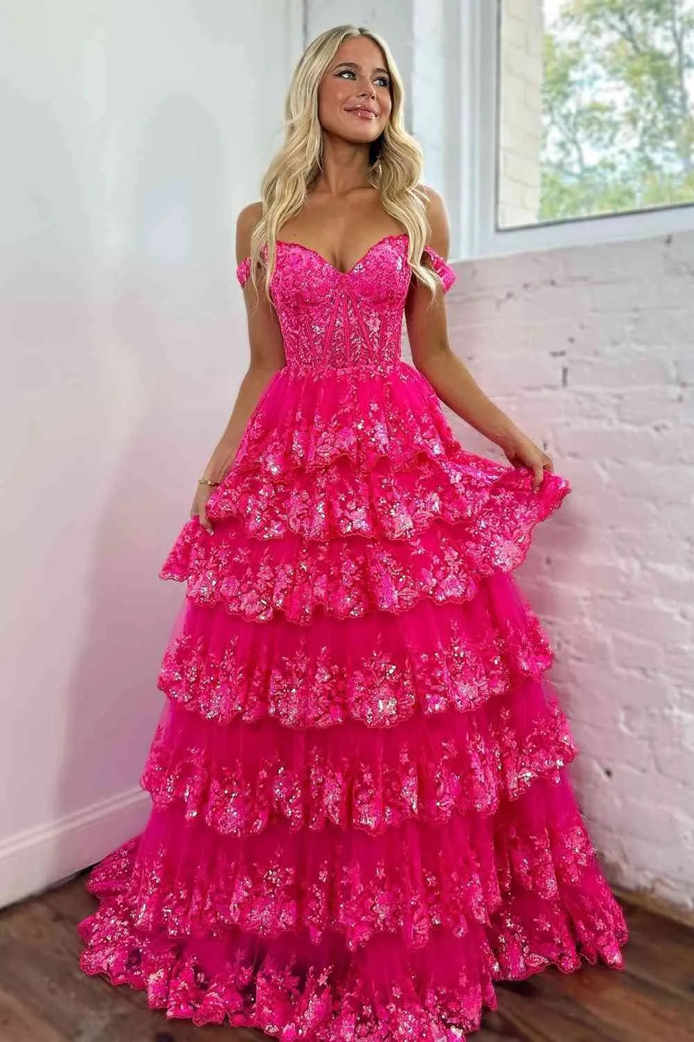 Wholesale Sparkly Gorgeous A-Line Off The Shoulder Long Prom Dress with Sequin Appliques long prom dresses with sleeves