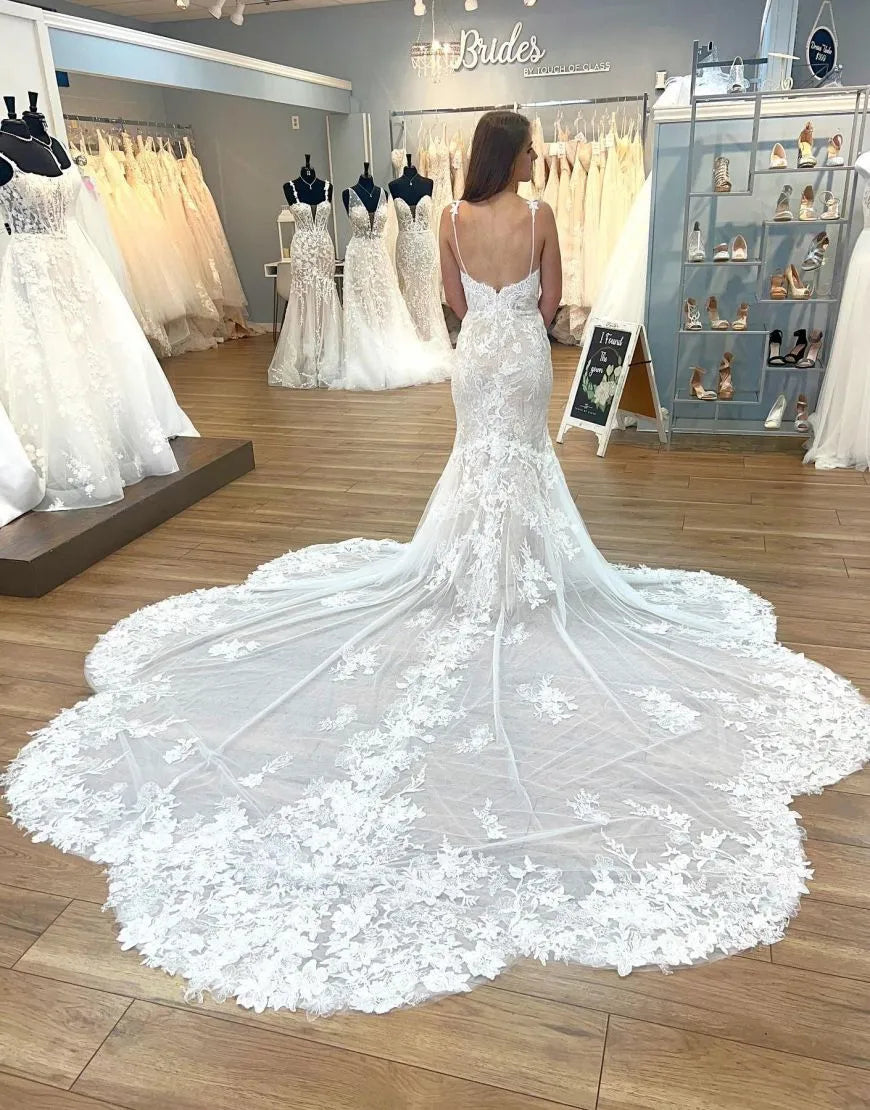 Aimishang Wedding Dress Mermaid Spaghetti Straps Flower Shape Chapel Train