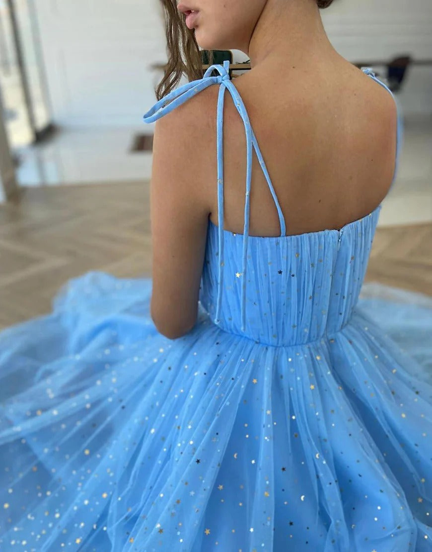 Tulle Blue Sweetheart Prom Dresses Homecoming Dresses with Stars