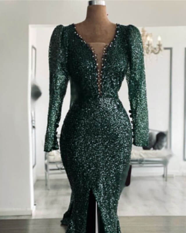 Green Sequin V Neck Mermaid Prom Dresses