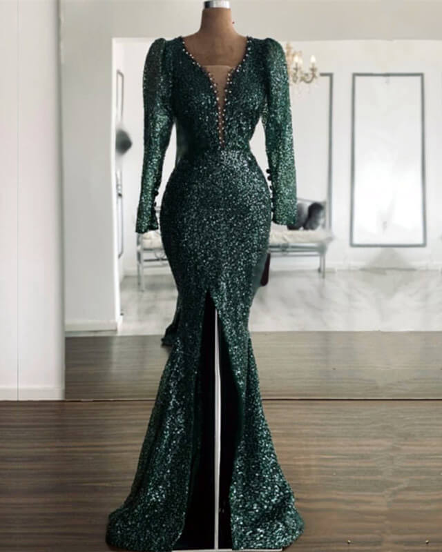 Green Sequin V Neck Mermaid Prom Dresses