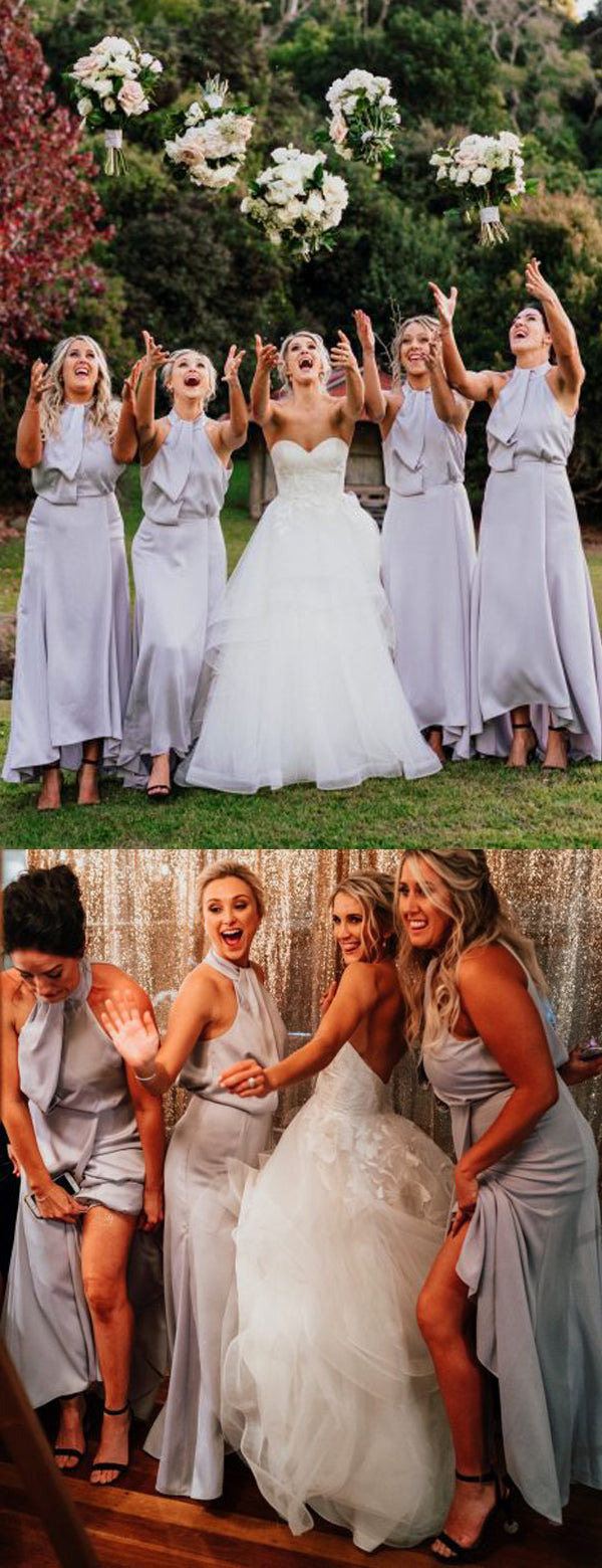 Grey Halter Open Back A-line Ankle Length Bridesmaid Dresses,DB132