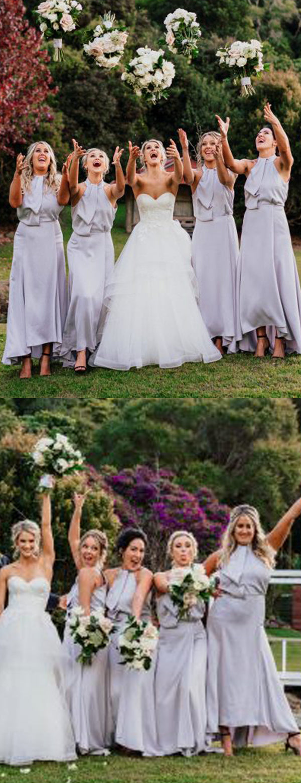 Grey Halter Open Back A-line Ankle Length Bridesmaid Dresses,DB132