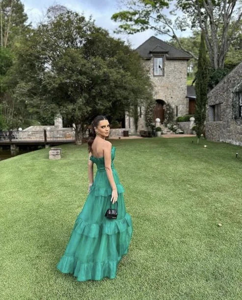 Aimishang Green A-Line Off Shoulder Strapless Tiered Long Prom Dress Party Dress