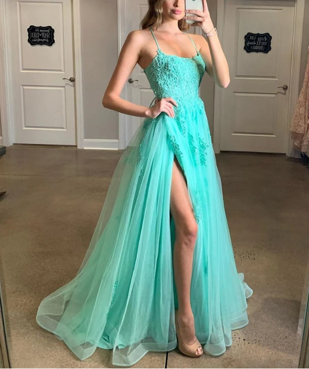 Spaghetti Straps A-line Prom Dresses Tulle Appliqued Gowns With Slit Beautiful Wholesale