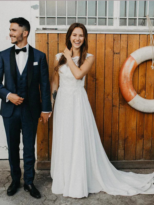 Simple A-line Chiffon Backless Sweep Train Wedding Dresses With Cap Sleeves Gown Elegant