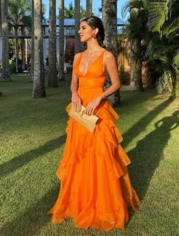 Aimishang Elegant Gowns Evening Dresses Ruffles Orange Long Prom Dresses V Neck Wedding Guest Dress Prom Dresses Stores