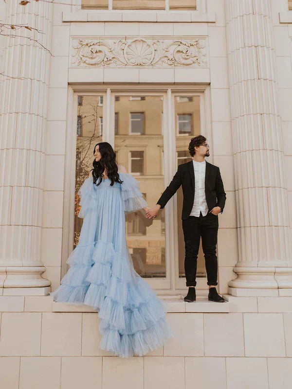 Elegant Spaghetti Straps Off-The-Shoulder Long Sleeves Tiered Tulle Sweep Train Prom Dresses Charming Wholesale