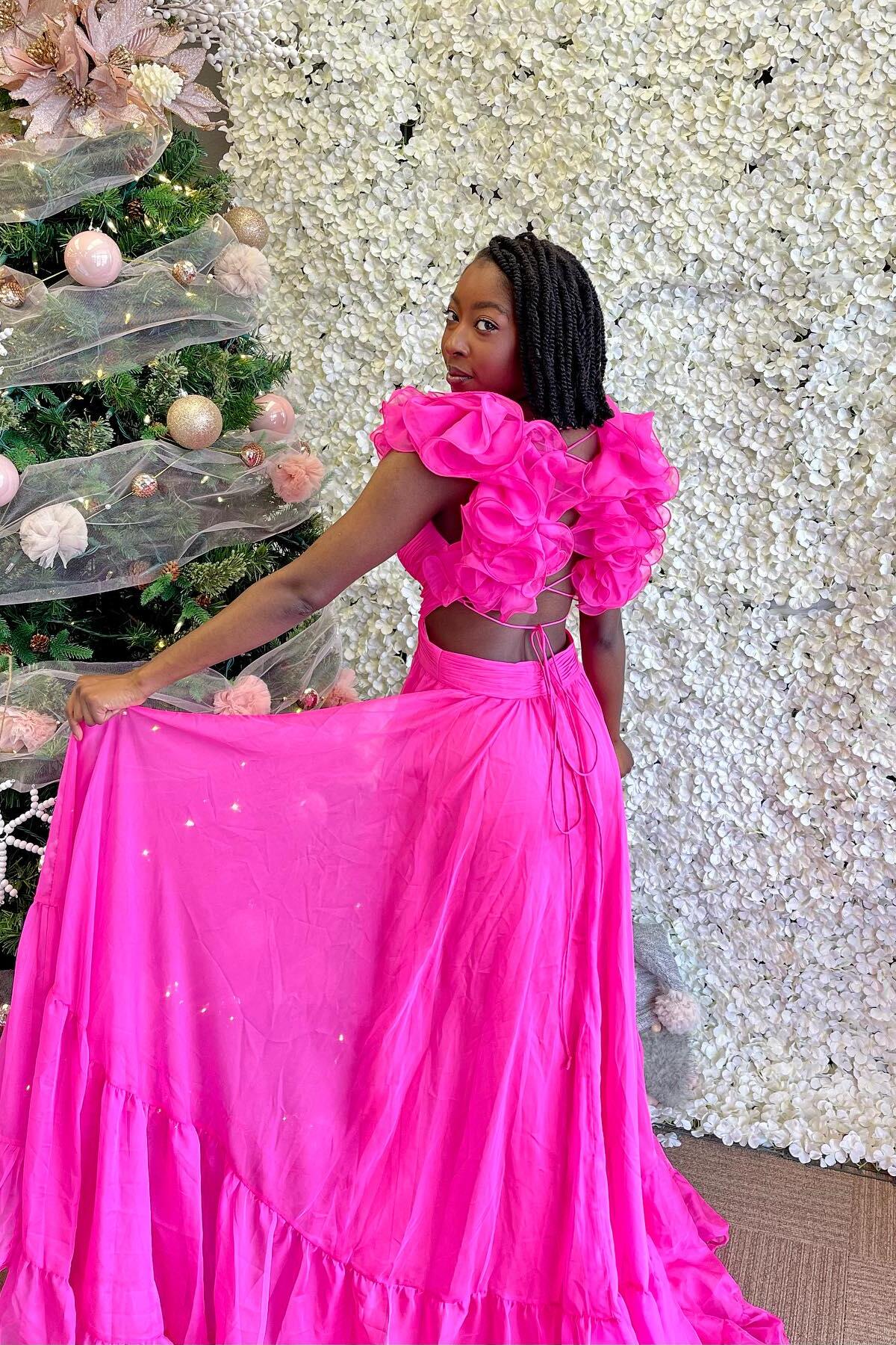 Aimishang Ruffles Fuchsia Chiffon A-line Boho Dress Prom Dress Charming Evening Party Dress