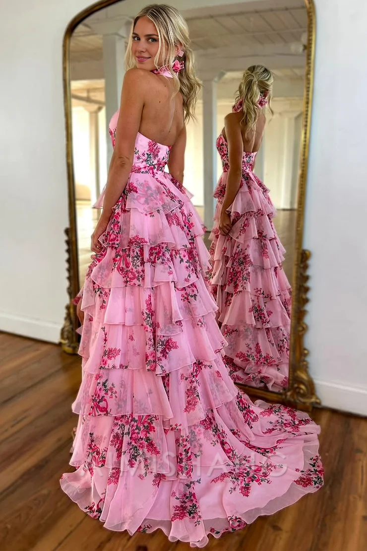Aimishang Cute Sheath Halter Floral Printed Chiffon Tiered Prom Dress with Slit Charming Evening Party Dress