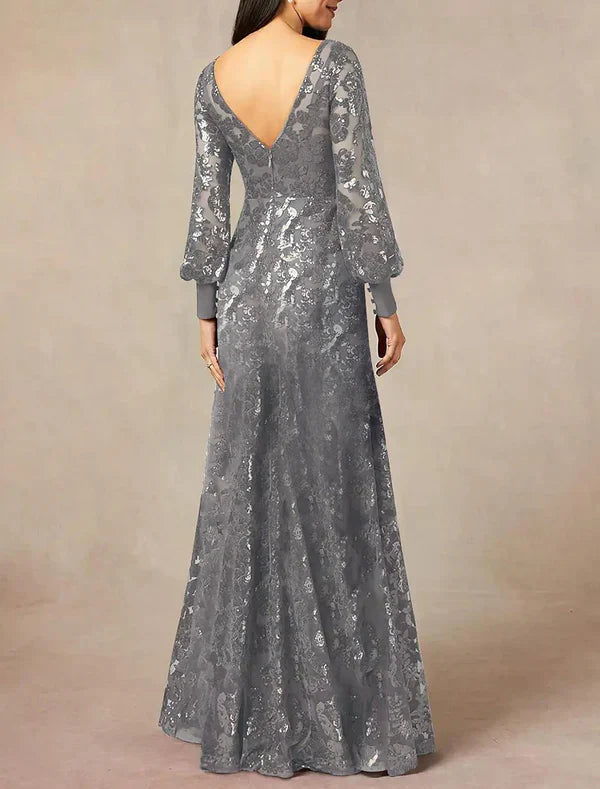 A-Line Mother of the Bride Dress Formal Wedding Guest Elegant Jewel Neck Floor Length Chiffon Sequined Long Sleeve with Sequin Sparkly