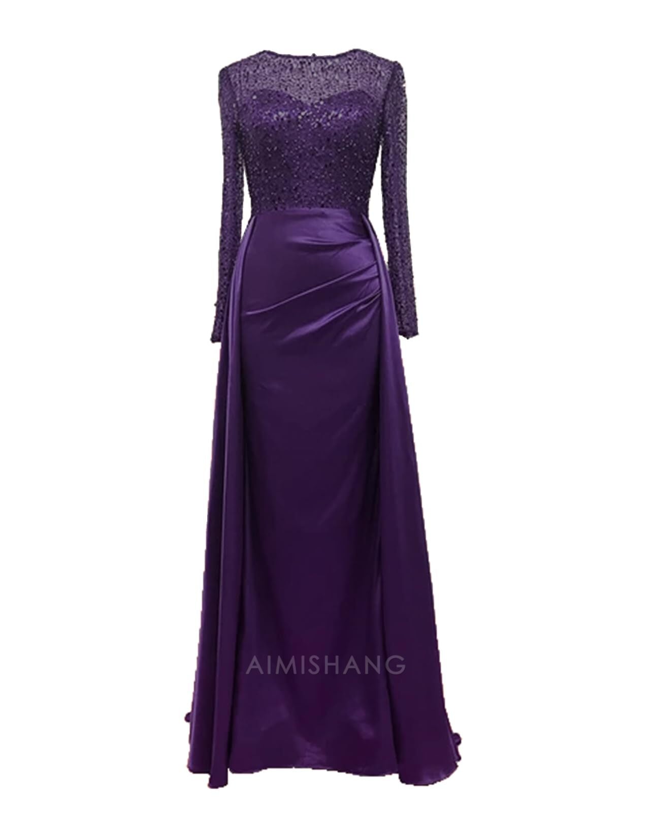 Aimishang Mermaid Sequin Evening Gown Ruched Satin Dress Long Sleeves Floor Length Sparkle Illusion Neck Fall Wedding Guest Dress with Pearls Overskirt