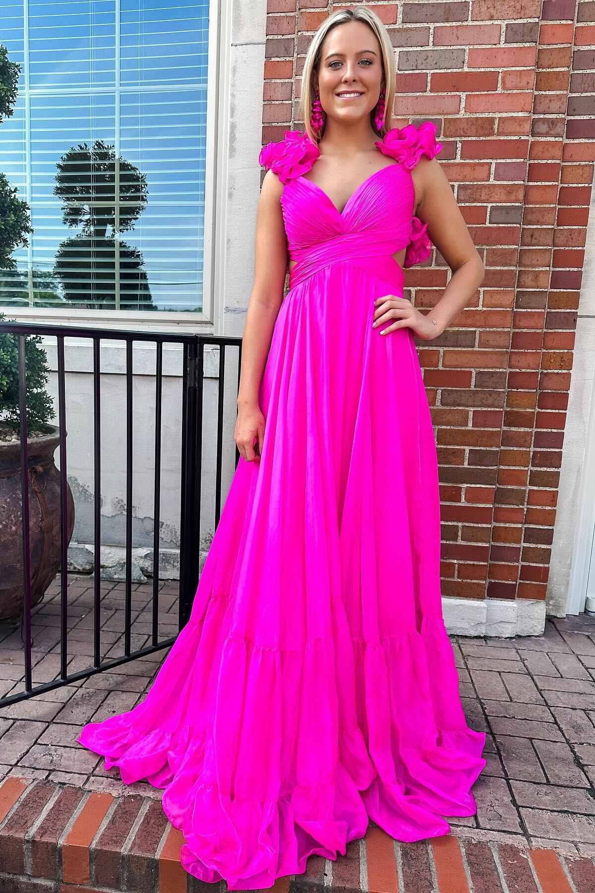 Aimishang Ruffles Fuchsia Chiffon A-line Boho Dress Prom Dress Charming Evening Party Dress
