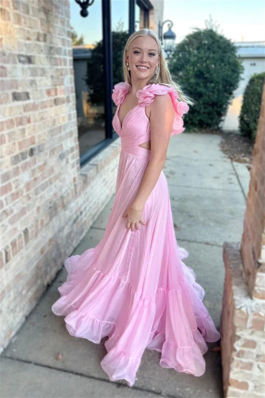 Aimishang Ruffles Fuchsia Chiffon A-line Boho Dress Prom Dress Charming Evening Party Dress