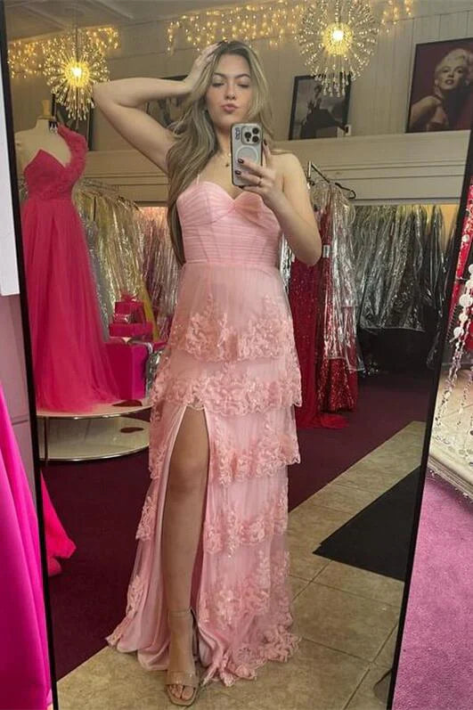 Aimishang Pink Spaghetti Straps Tiered Long Prom Dress with Slit Charming Evening Dress Wholesale