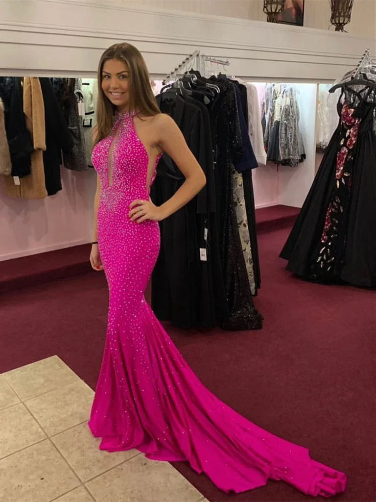 Shining Halter Mermaid Prom Dresses With Rhinestones Sexy Evening Dress Wholesale