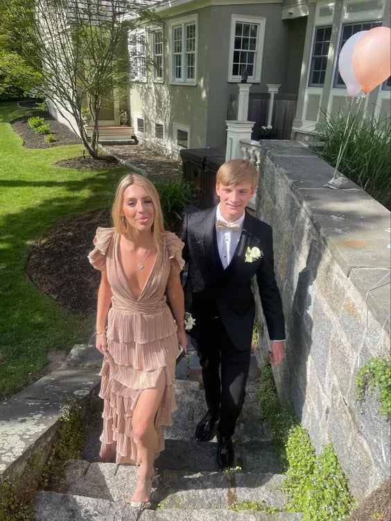 Aimishang Elegant Deep V Neck A Line Layered Long Prom Dress Slit Party Dress Prom Dresses Shops