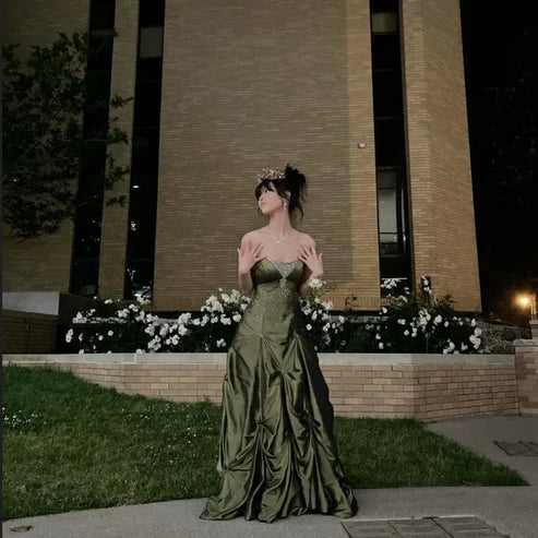 Aimishang Ball Gown Strapless Green Satin Long Prom Dress Charming Evening Party Dress