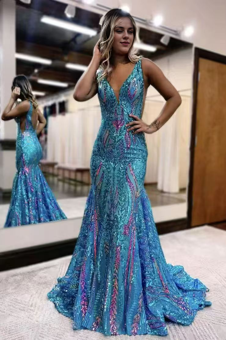 Aimishang Mermaid V Neck Blue Sequin Long Prom Dresses Formal Women's Dresses Charming Evening Party Dress