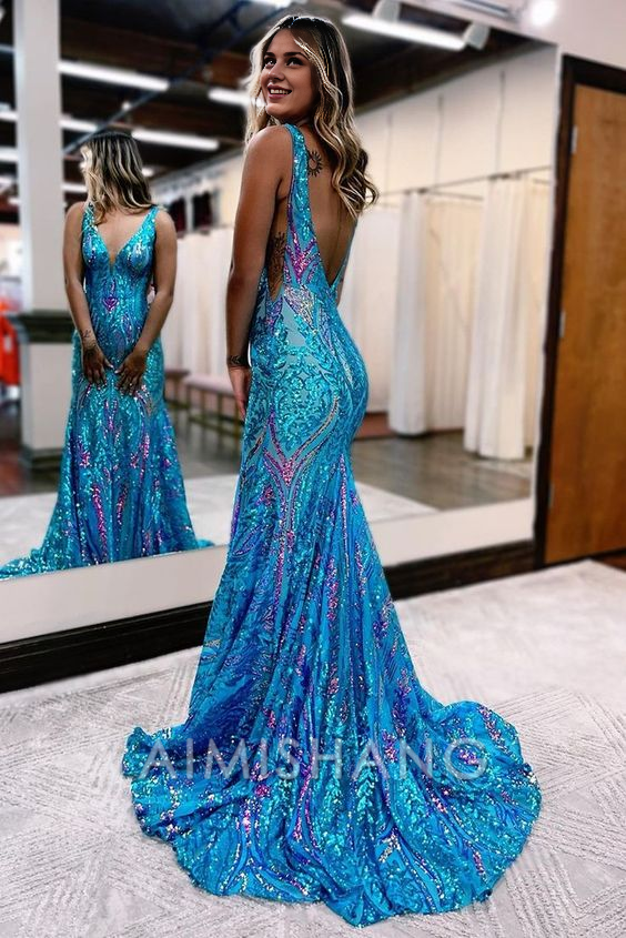 Aimishang Mermaid V Neck Blue Sequin Long Prom Dresses Formal Women's Dresses Charming Evening Party Dress