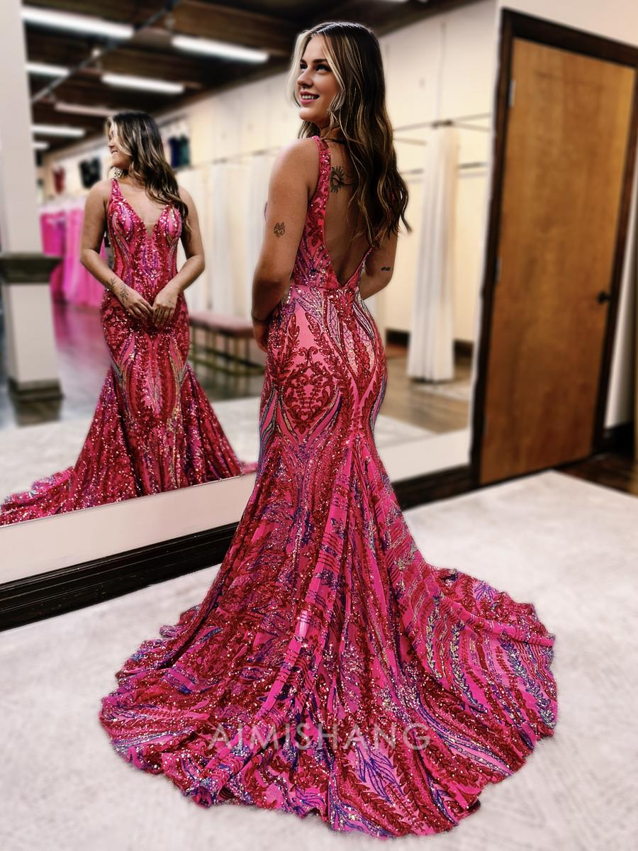 Aimishang Mermaid V Neck Blue Sequin Long Prom Dresses Formal Women's Dresses Charming Evening Party Dress