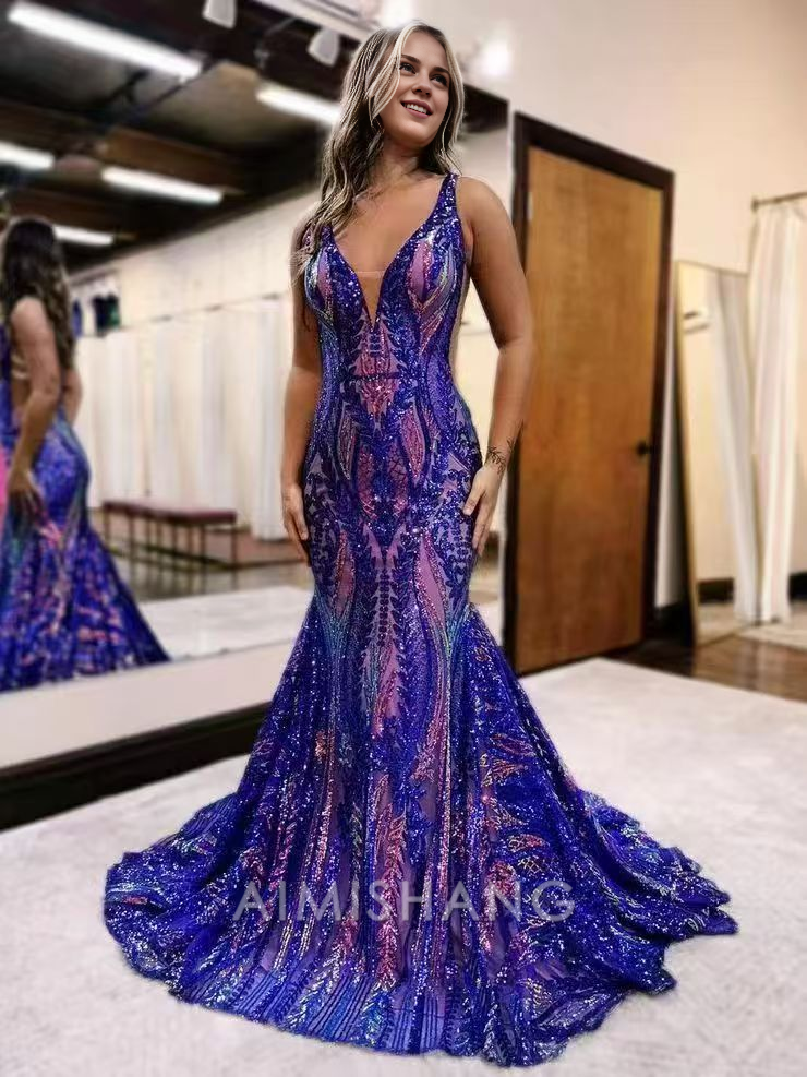 Aimishang Mermaid V Neck Blue Sequin Long Prom Dresses Formal Women's Dresses Charming Evening Party Dress