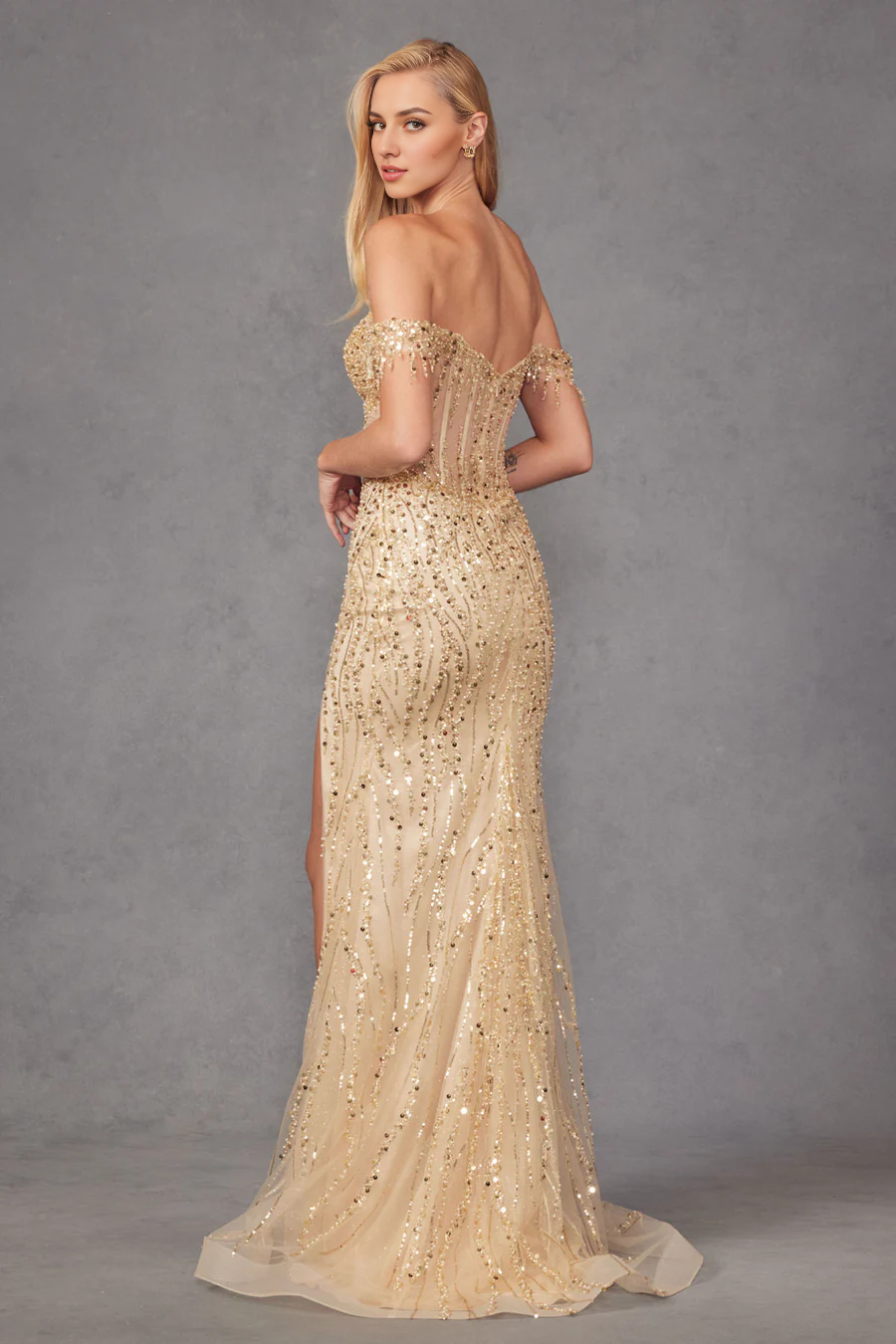 Aimishang Elegant Evening Dress Fitted Sequin Off Shoulder Corset Slit Gown Prom Dresses