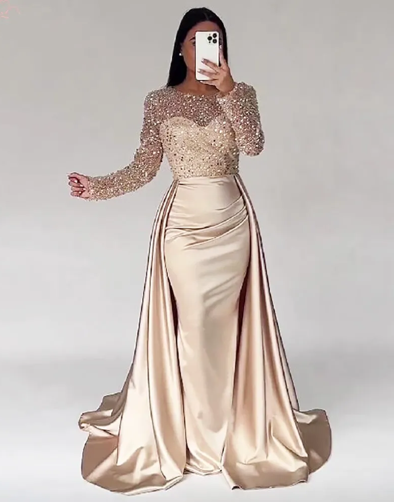 Aimishang Mermaid Sequin Evening Gown Ruched Satin Dress Long Sleeves Floor Length Sparkle Illusion Neck Fall Wedding Guest Dress with Pearls Overskirt