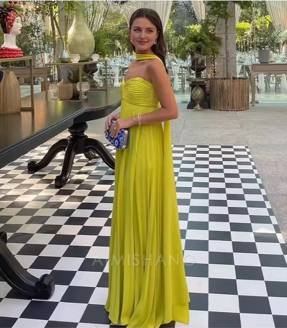 Aimishang Elegant Long Prom Dress Women Sexy Sleeveless Pleated Charming Evening Party Dress