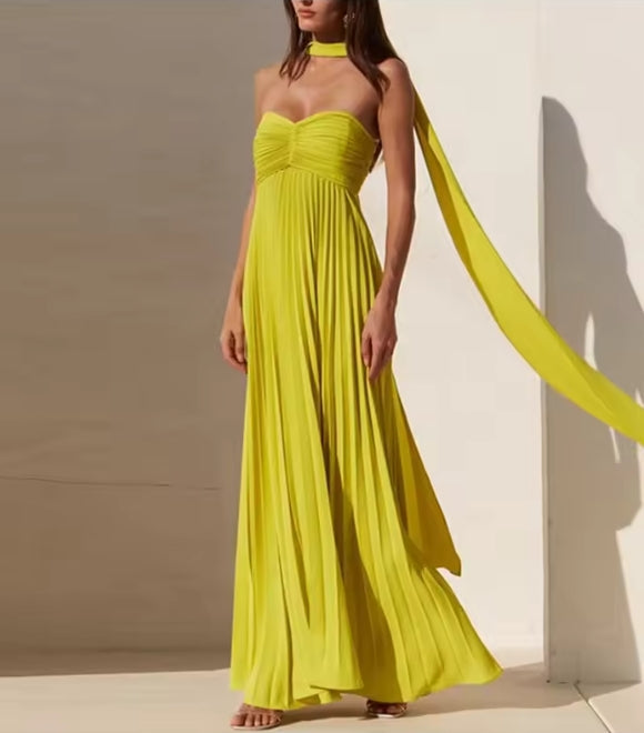 Aimishang Elegant Long Prom Dress Women Sexy Sleeveless Pleated Charming Evening Party Dress