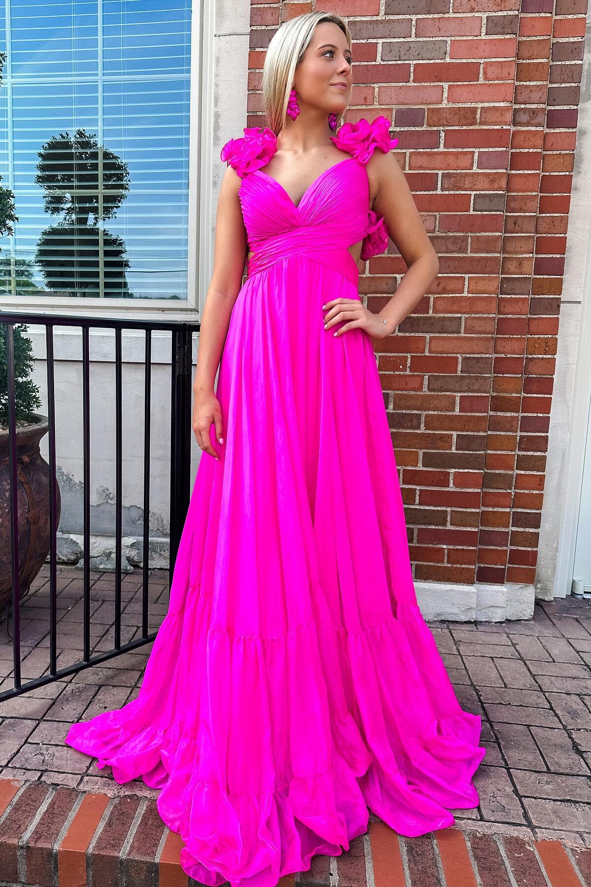 Aimishang Ruffles Fuchsia Chiffon A-line Boho Dress Prom Dress Charming Evening Party Dress