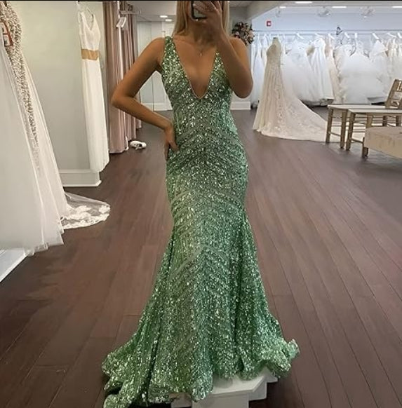Aimishang Dress Wholesale Sequin Mermaid Prom Dresses Long Sparkly Evening Gown Deep V Neck Backless Formal Party Gowns