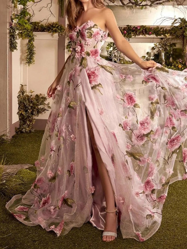 Aimishang Charming A-Line/Princess Strapless Long Prom Floral Dresses With Split Side