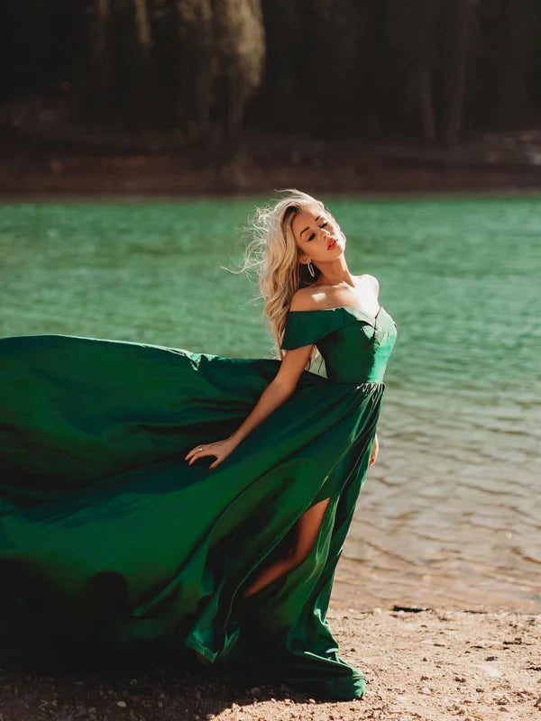 Beautiful Satin A-line Long Prom Dresses Off-the-shoulder Sexy Gowns With Slit Evening Dresses Wholesale