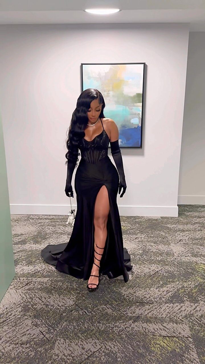 Aimishang Black Sexy Evening Party Dress Long Prom Dress Charming Formal Dress With Slit No With Gloves